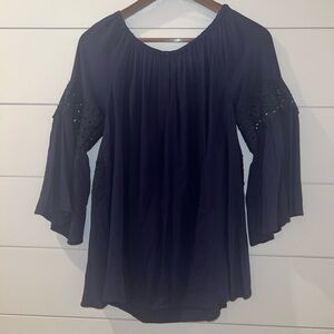 UMGEE USA Boutique Women’s Small Blouse On/Off Shoulder Navy Blue